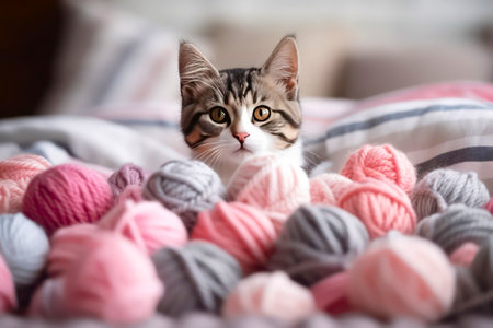 Cute little kitten playing with yarn balls on bed at home, closeup. Little curious kitten lies and looks into the camera.の素材
