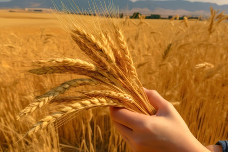 Ears of wheat in the hands of a child on a wheat fieldの素材