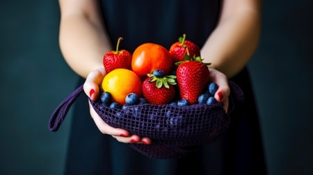 Woman holding a basket full of fresh fruits. Healthy food concept.の素材
