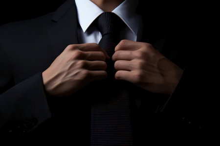 Businessman tying his necktie on black background, close-upの素材