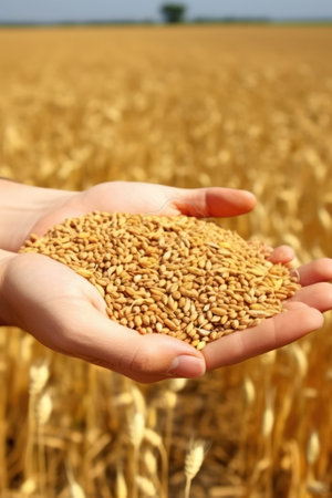 Wheat grain in the hands of a farmer on a wheat fieldの素材