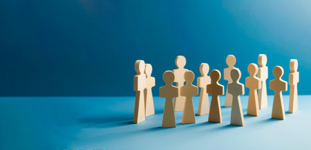 Teamwork concept. Wooden figures of people stand on a blue background. Social connectionsの素材