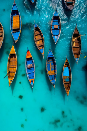 Boats in the turquoise water of the Indian Ocean, Sri Lanka. Top view of traditional Thai boats in the sea.の素材