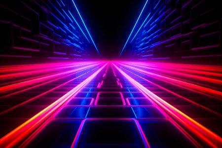 Futuristic corridor with glowing neon lights, 3d render abstract backgroundの素材