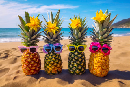 Pineapples in sunglasses on the beach. Summer vacation conceptの素材