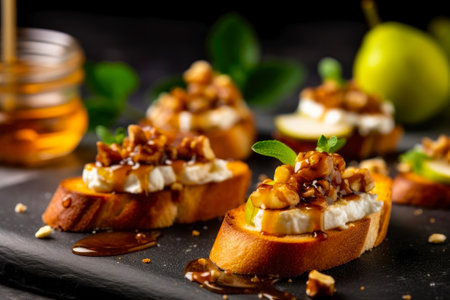 Bruschetta with pear, goat cheese, walnuts and honeyの素材
