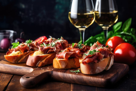 Bruschetta with prosciutto crudo or jamon on a wooden plate against the background of glasses with white wine, Italian foodの素材