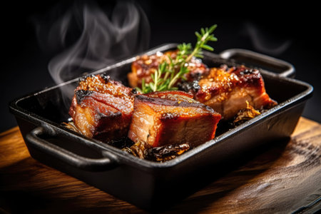 Grilled pork belly with soy sauce and herbs on a black backgroundの素材