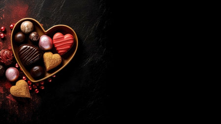 Heart shaped chocolates on black background with copy space. Chocolate Day. Valentine's day concept.の素材