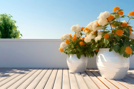 Flowers in white pots on the terrace of the house.の素材