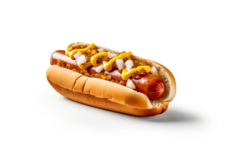 Hot dog with mustard and ketchup isolated on a white background. Street food.の素材