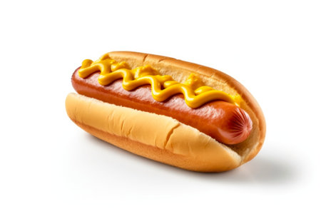 Hot dog with mustard isolated on white background. Close-up. Street food.の素材