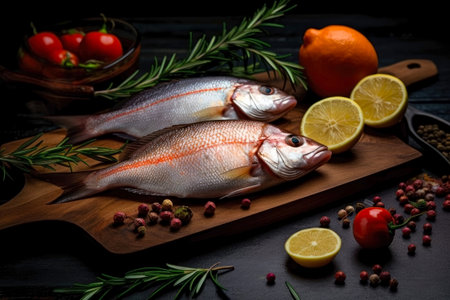 Raw fish on a cutting board with lemon, tomatoes, rosemary and spices on a black backgroundの素材