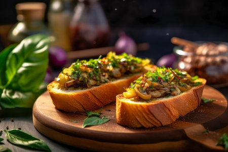 Fried, crispy Bruschetta with fried mushrooms, onions and fresh herbs on a wooden board with a basil sprig lying on the background.の素材