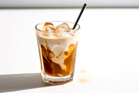 Iced coffee with milk in a glass on a white background.の素材