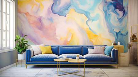 Modern living room interior design with blue sofa, coffee table and colorful wall. 3D Renderingの素材