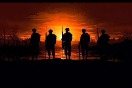 Silhouette of soldiers at sunset,3d rendering. Computer digital drawing.の素材