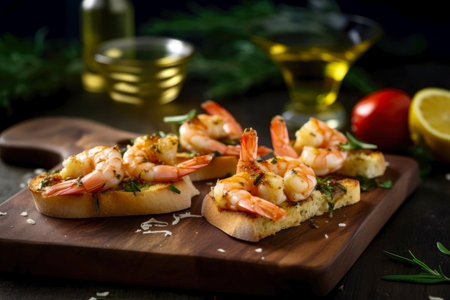 Bruschetta with shrimps, garlic and olive oil on a wooden boardの素材