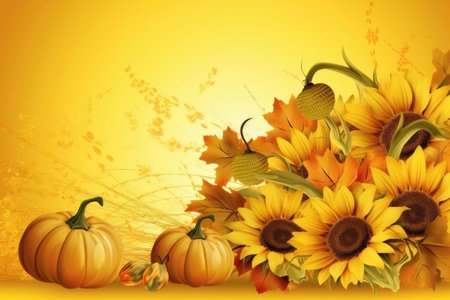 Autumn background with sunflowers, pumpkins and leaves.の素材