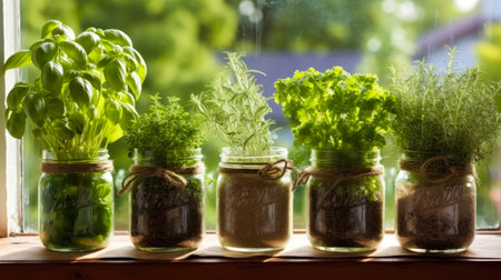 Fresh herbs in glass jars on the windowsill. Gardening conceptの素材