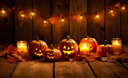 Halloween pumpkins with candles on wooden background. Halloween concept.の素材