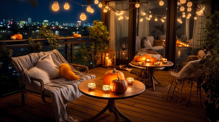 Halloween decoration with pumpkins and candles on terrace at nightの素材