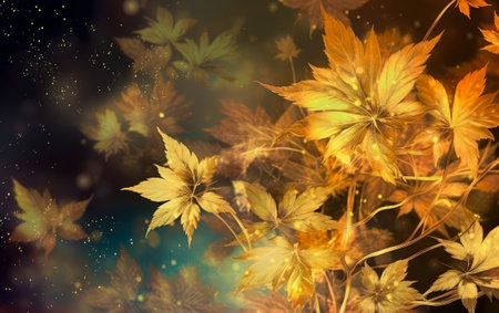 Abstract autumn background with maple leaves and bokeh lights. Space for text.の素材