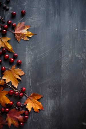Autumn leaves and berries on dark wooden background. Copy space.の素材