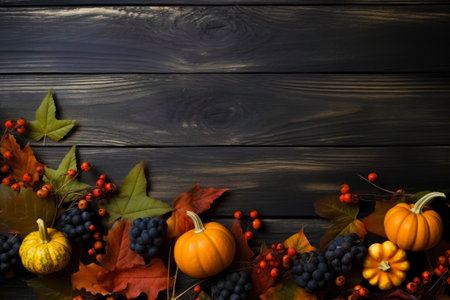 Autumn background with pumpkins, leaves and berries on black wooden backgroundの素材