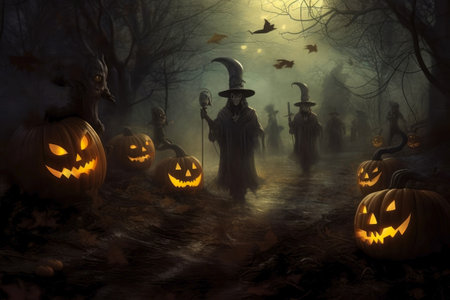 Halloween background with scary pumpkins and witch on dark foggy forestの素材