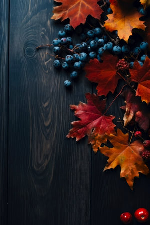 Autumn leaves and berries on dark wooden background with copy space.の素材