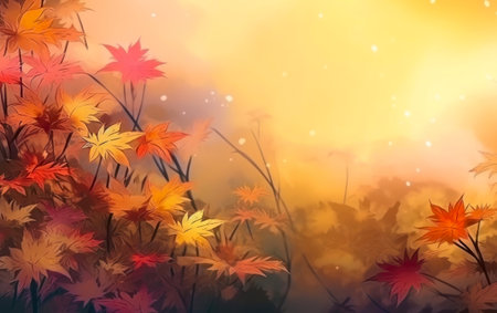 Autumn background with maple leaves and bokeh effect. Vector illustration.の素材