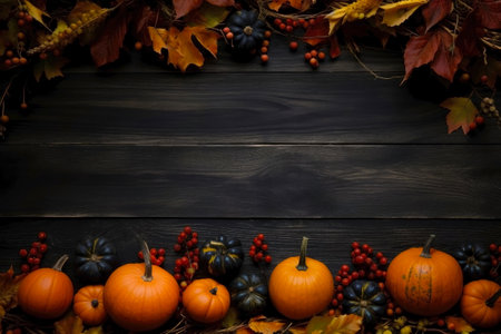 Autumn background with pumpkins, leaves and berries on dark wooden backgroundの素材
