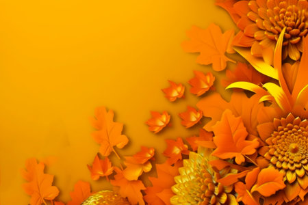 Autumn leaves and flowers on a yellow background. Place for text.の素材