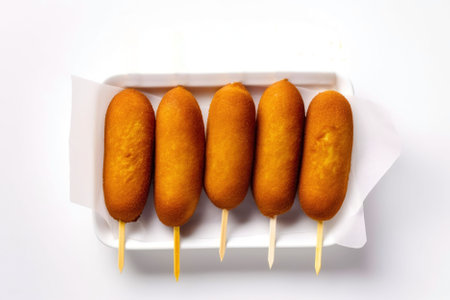 Fried corn dogs on a wooden stick on a white background.の素材