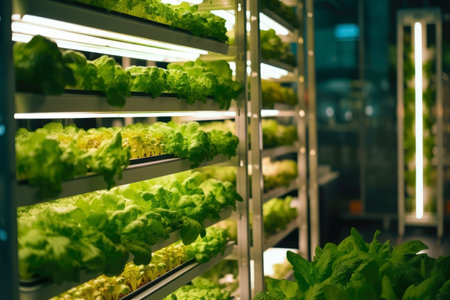 Organic hydroponic vegetable farm. Vegetables growing in a greenhouseの素材