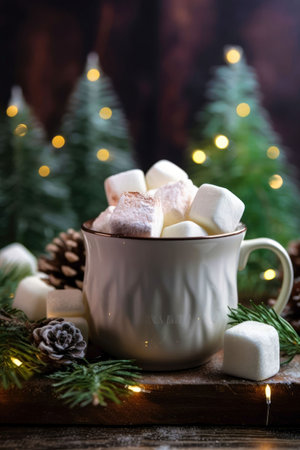Cocoa with marshmallows in a white cup on a wooden stand against the background of artificial small Christmas trees. Christmas style.の素材