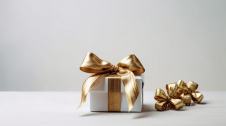 Gift box with gold bow on white background. Christmas and New Year concept.の素材