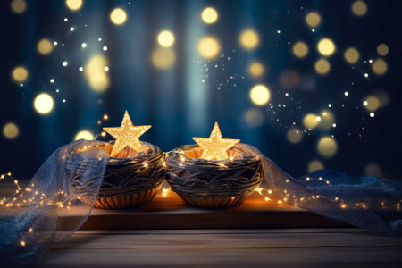 Christmas decoration with candles and bokeh lights on dark background.の素材