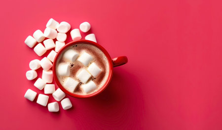 Cup of hot chocolate with marshmallows on a red backgroundの素材