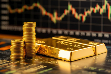 Gold bars and coins on the background of the financial chart. Business concept.の素材
