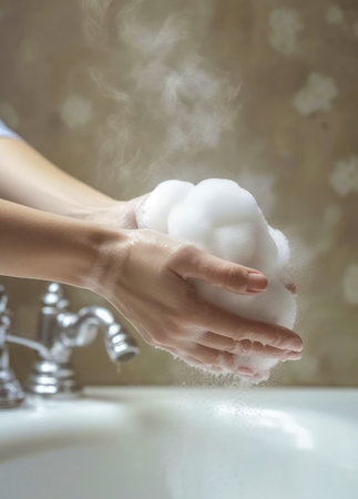 Woman washing her hands with soap in the bathroom, close-upの素材