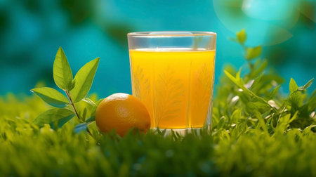 Lemon and a glass of orange juice on a background of green grass and foliage. Close-up.の素材