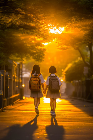Rear view of two girls with backpacks walking down the street from school at sunsetの素材