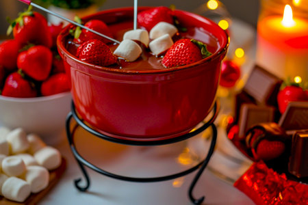 DIY chocolate fondue: a sweet treat for a romantic evening. A charming arrangement of delicious treats for a sweet Valentine's Day.の素材