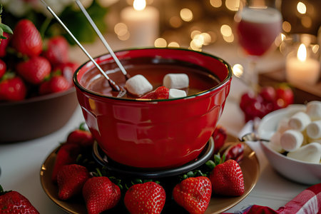DIY chocolate fondue: a sweet treat for a romantic evening. A charming arrangement of delicious treats for a sweet Valentine's Day.の素材