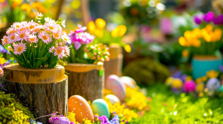 Easter decoration with colorful flowers and eggs in the garden. Selective focus.の素材