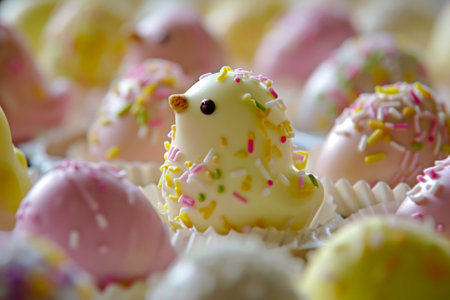 A chicken-shaped cake with colorful sprinkles surrounded by eggs. Easter treats. Selective focusの素材