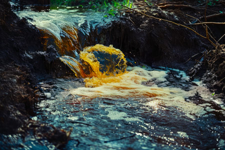 Visual depiction of chemical spills affecting natural environments, underscoring the consequences of industrial accidents.の素材