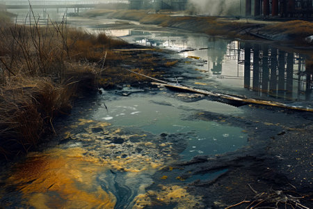 Industrial landscape with polluted water. Global warming, climate change.の素材